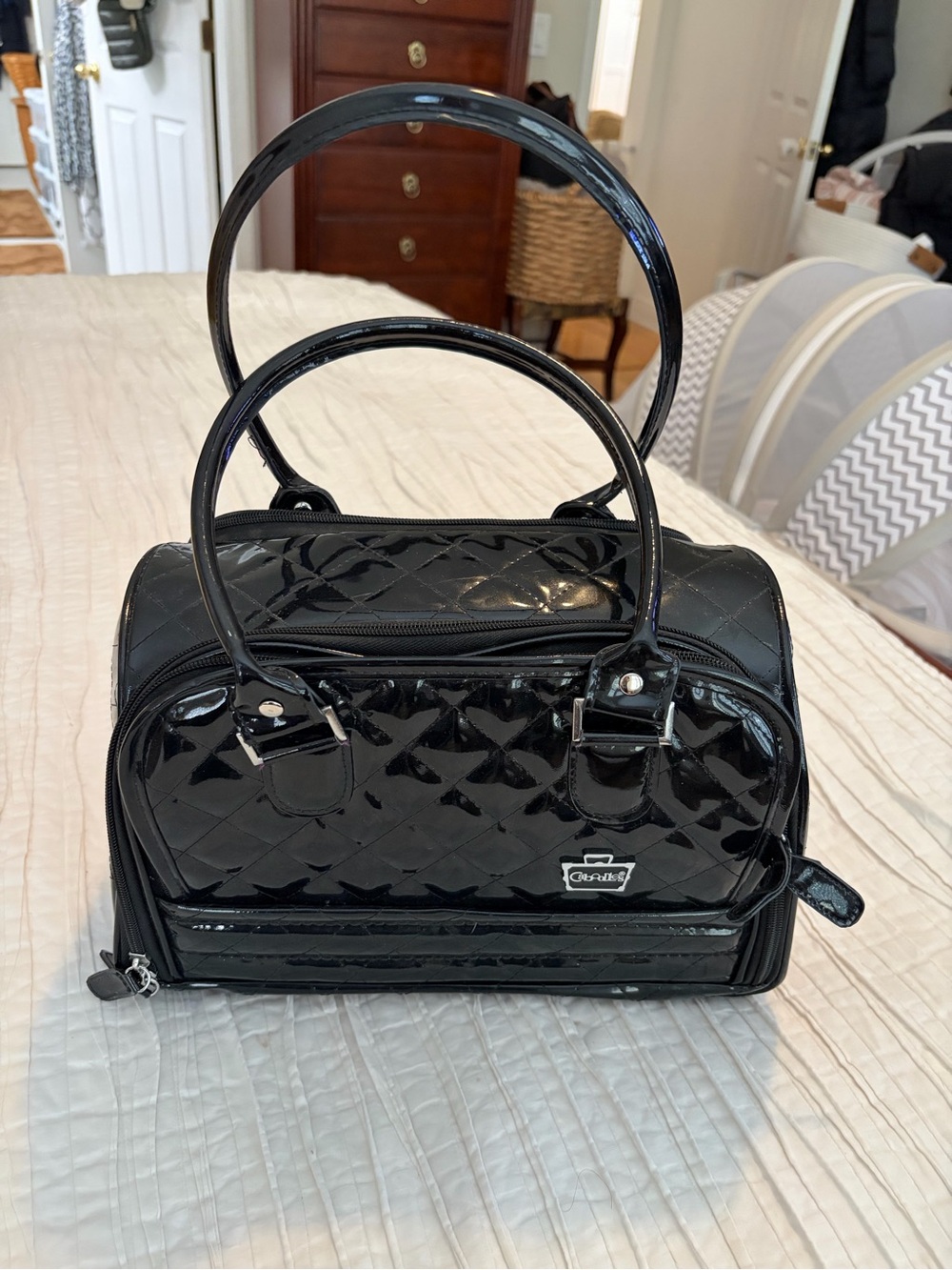 Caboodles Black Patent Quilted Cosmetic Train Case Bag